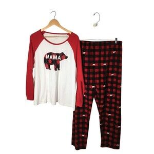 Place Pajama Set Women's Size XXL Red Plaid Mama Bear Long Sleeve Fleece